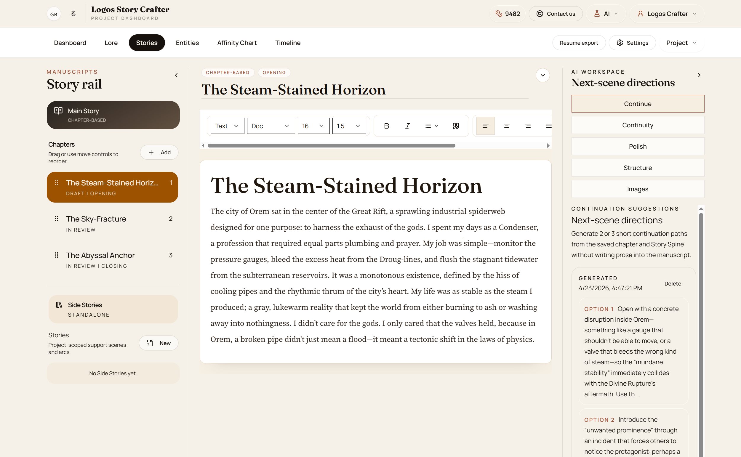 Logos Story Crafter AI continuation suggestion features beside the manuscript