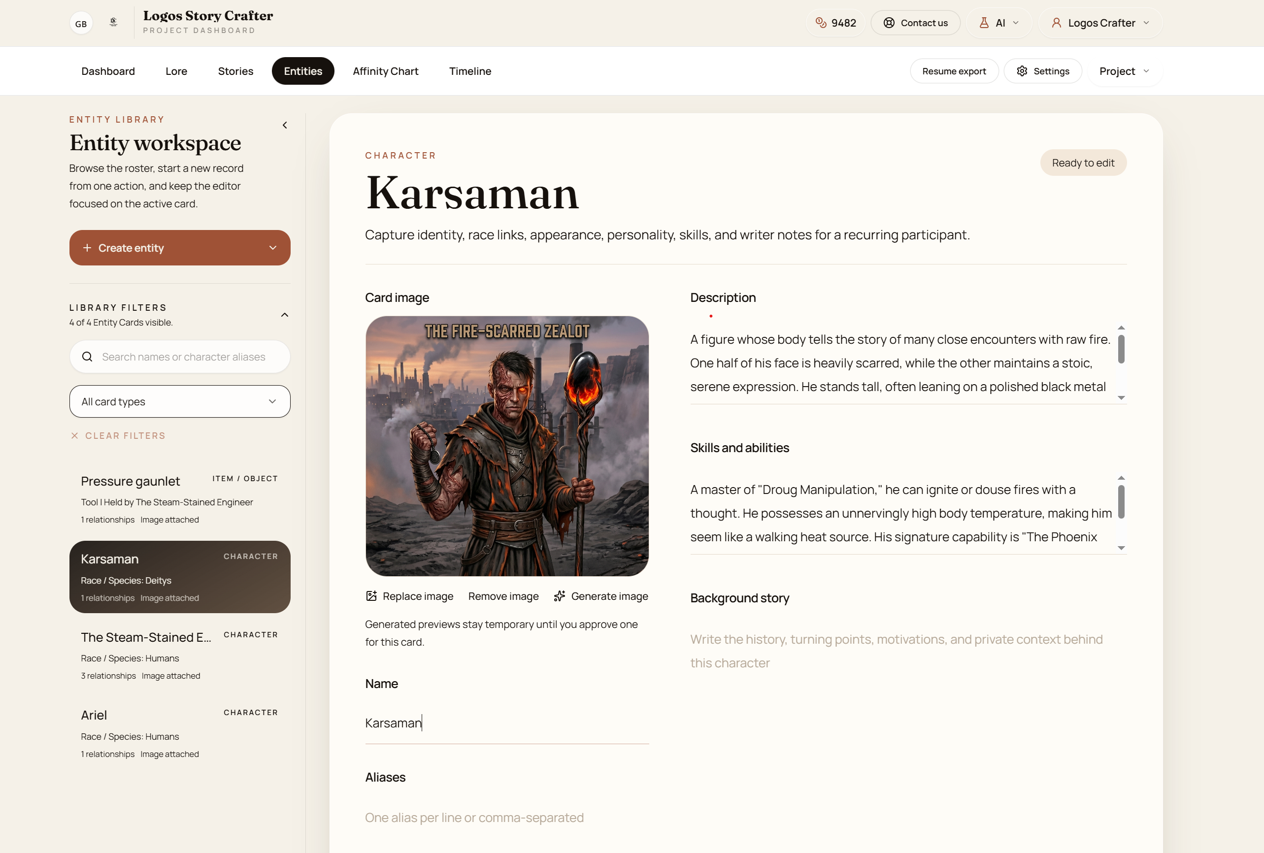 Logos Story Crafter character entity record with structured details