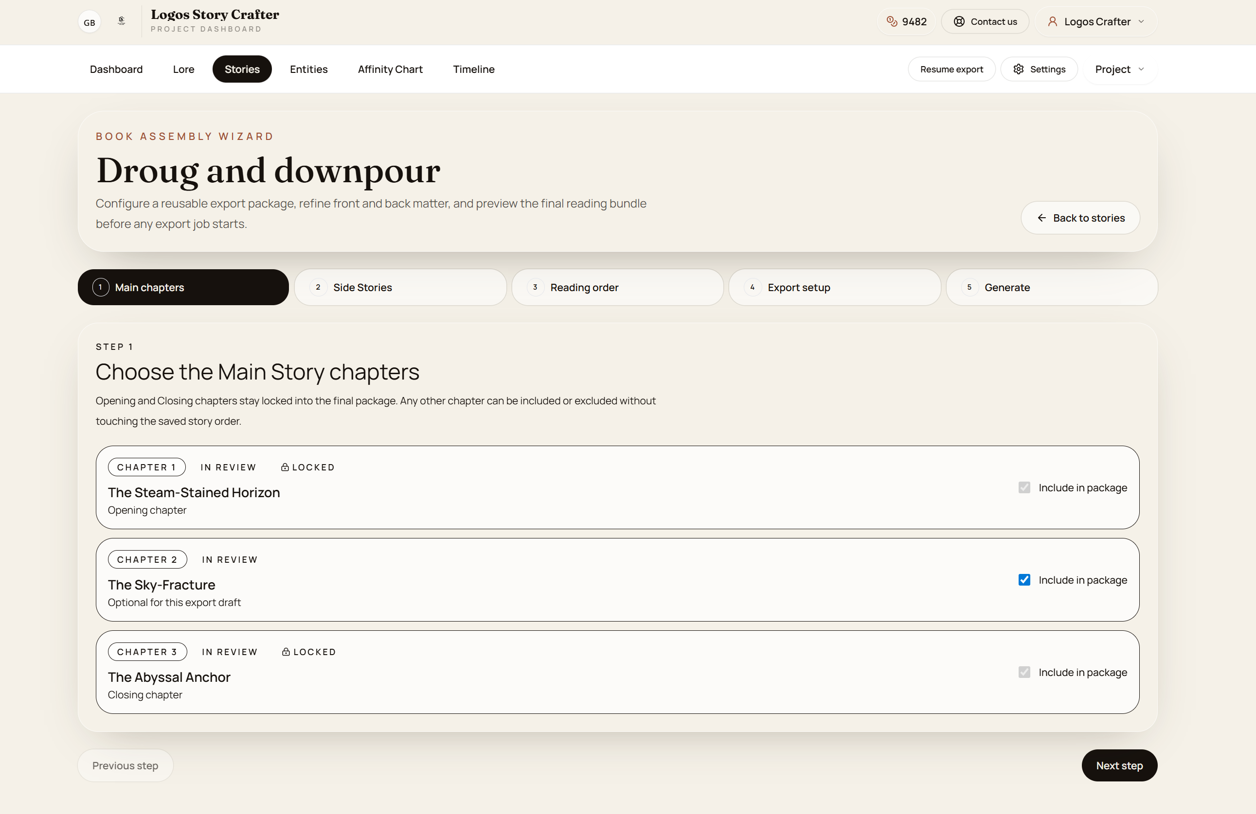 Logos Story Crafter export process first step with manuscript output options