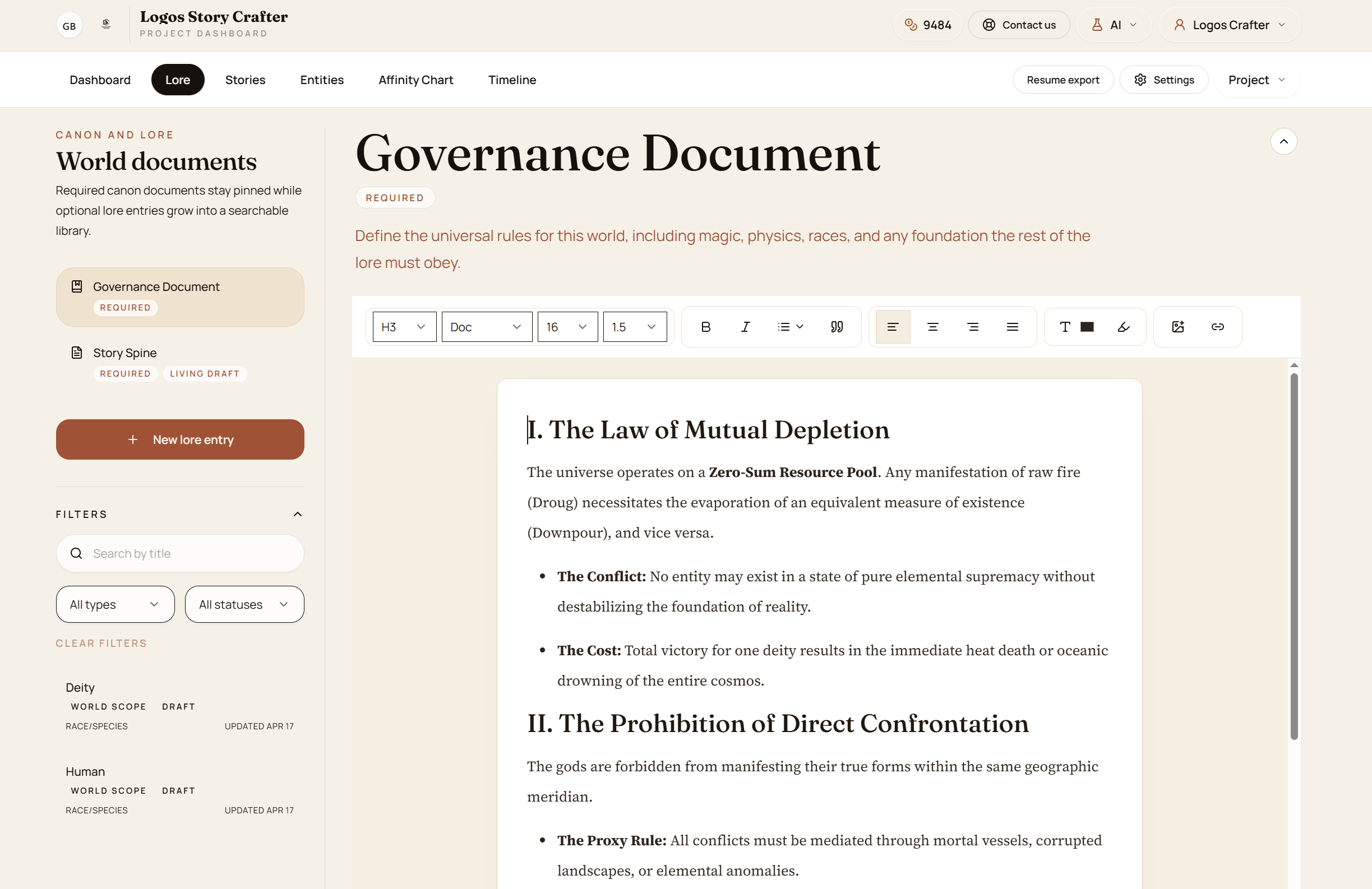 Logos Story Crafter governance document creation screen for canon rules