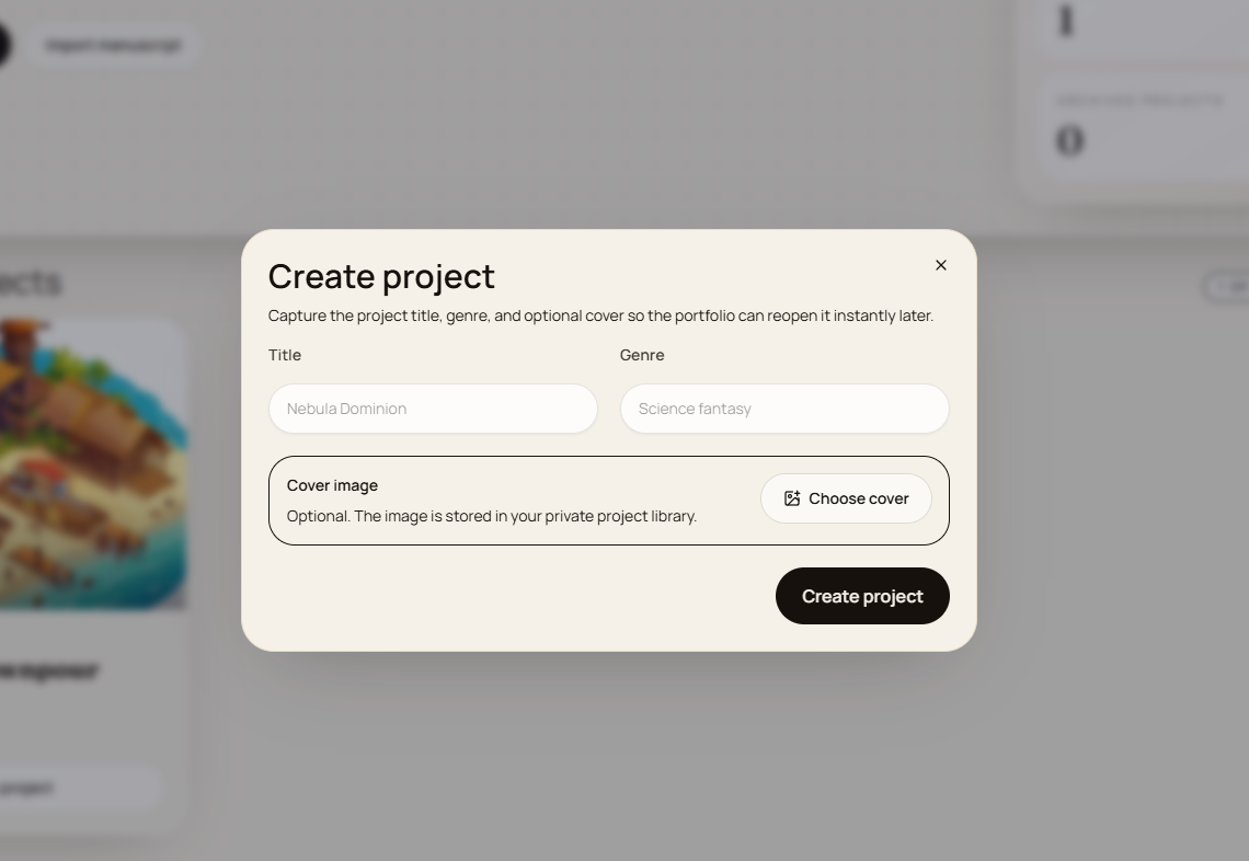 Logos Story Crafter create project menu with project setup options