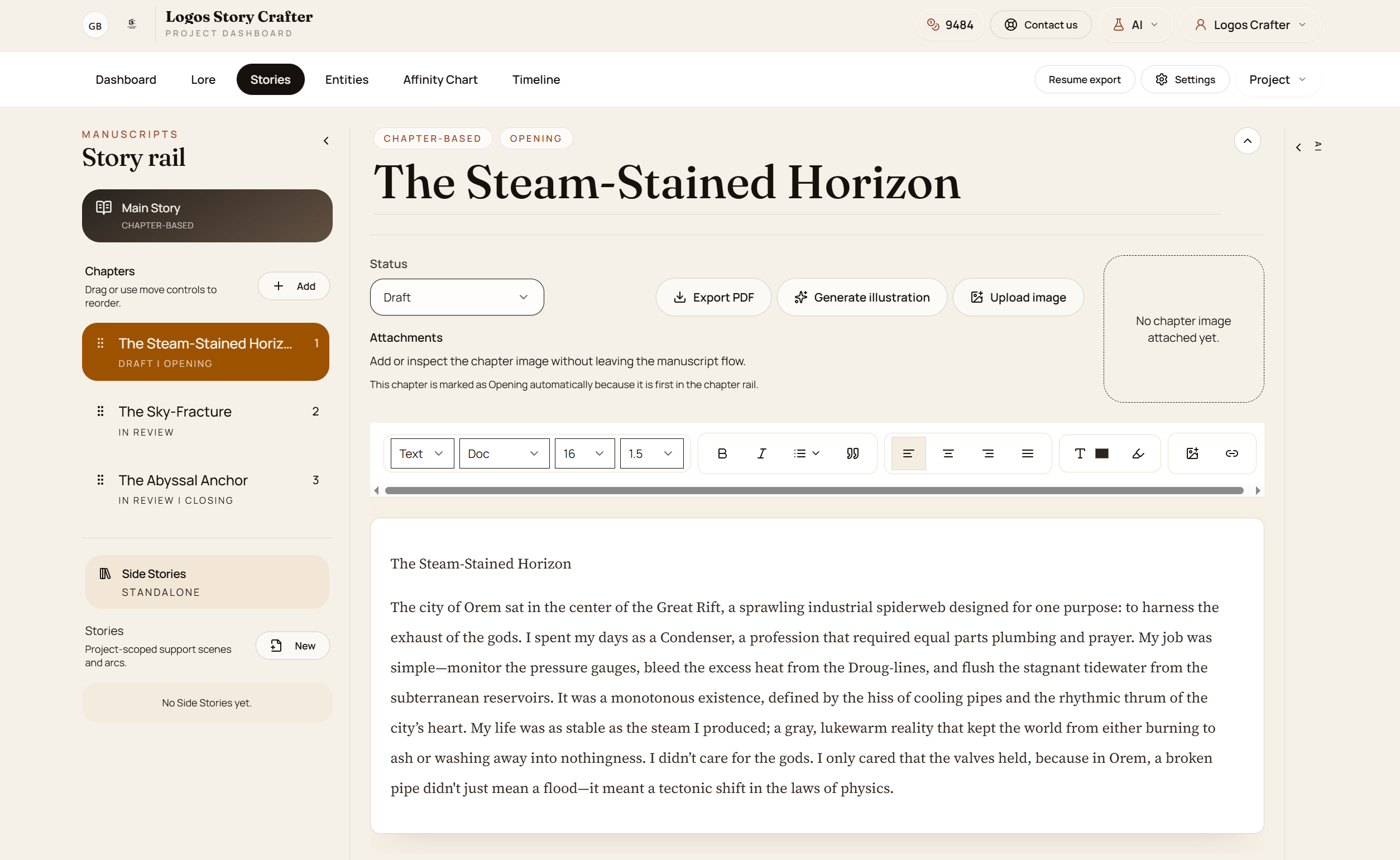 Logos Story Crafter story writing workspace with chapter manuscript editor